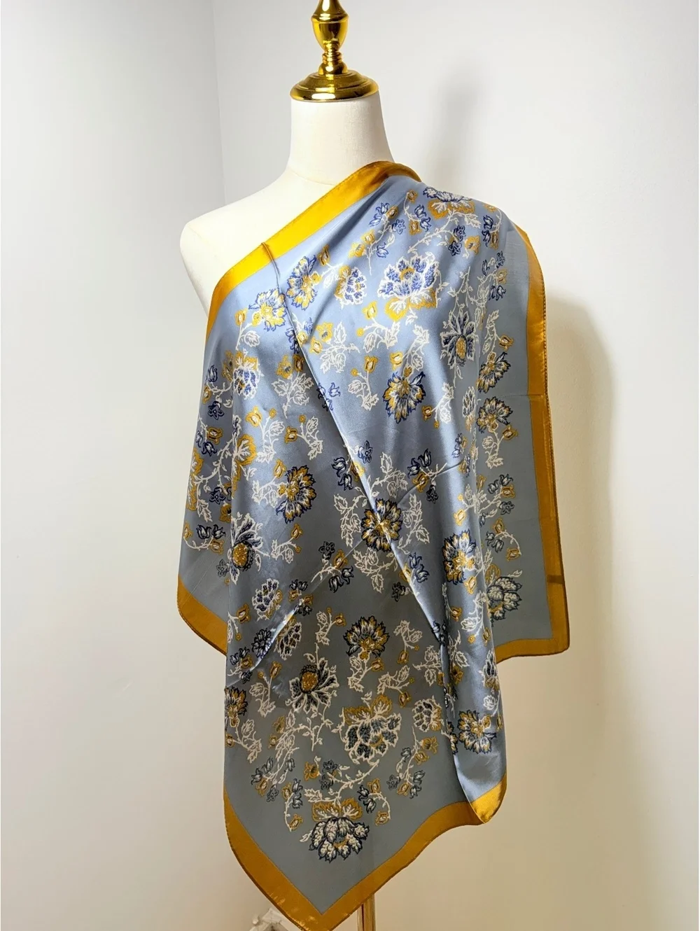 Elegant Blue and Yellow Floral Scarf with Gold Border